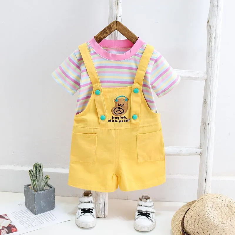 2-piece Colorful Striped T-shirt & Dungarees for Toddler Girl  Wholesale children's clothing