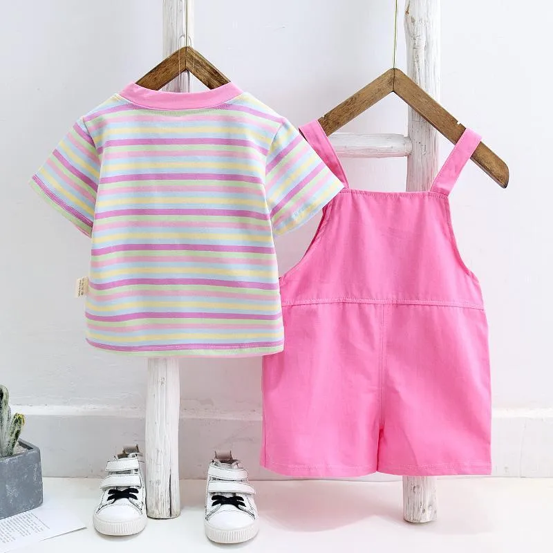 2-piece Colorful Striped T-shirt & Dungarees for Toddler Girl  Wholesale children's clothing