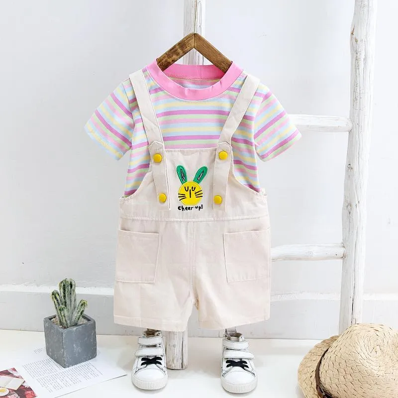 2-piece Colorful Striped T-shirt & Dungarees for Toddler Girl  Wholesale children's clothing