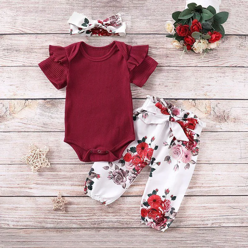 3-Piece Long-Sleeve Ruffled Bodysuit, Floral Pants and Headband Children's clothing wholesale