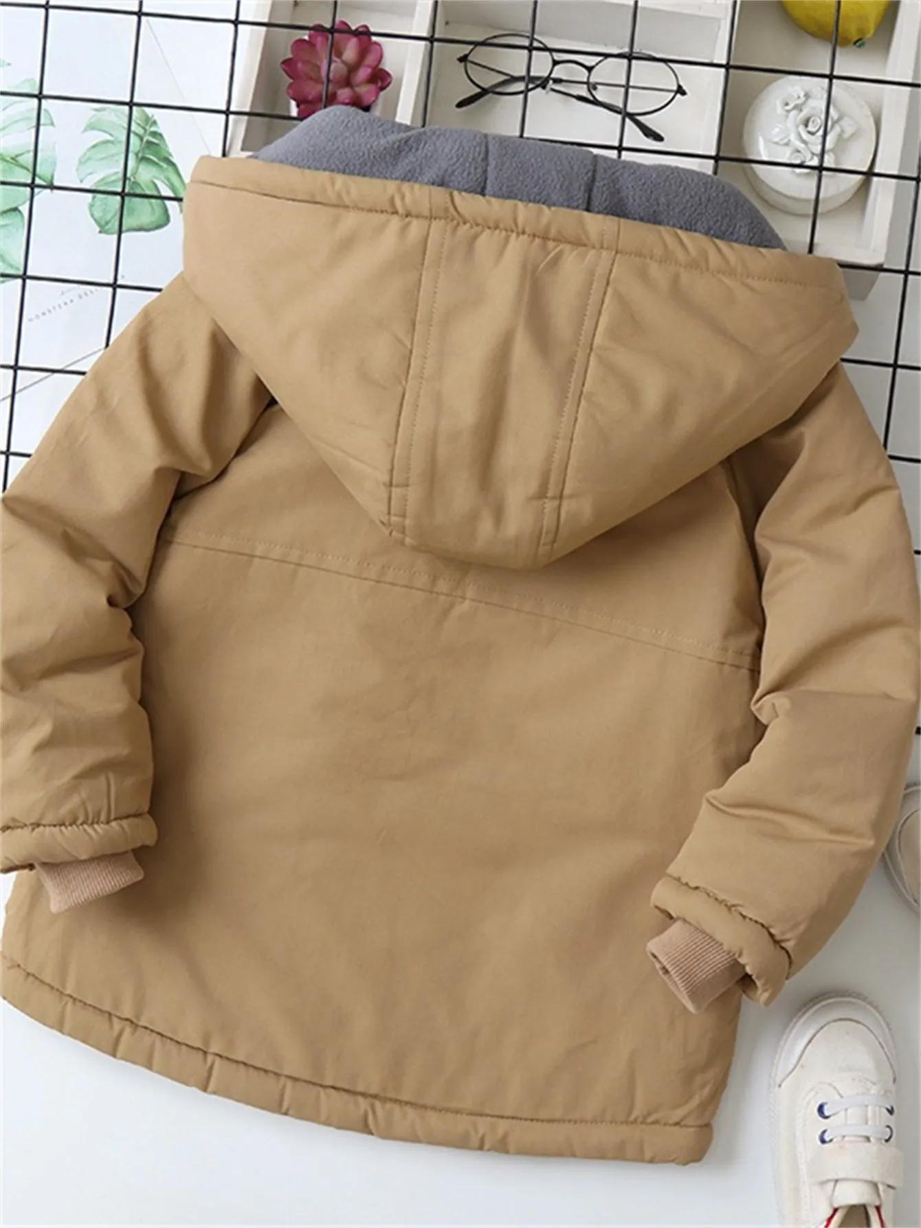 Boys' Thickened Solid Color Thermal Insulation Hooded Cotton Jacket