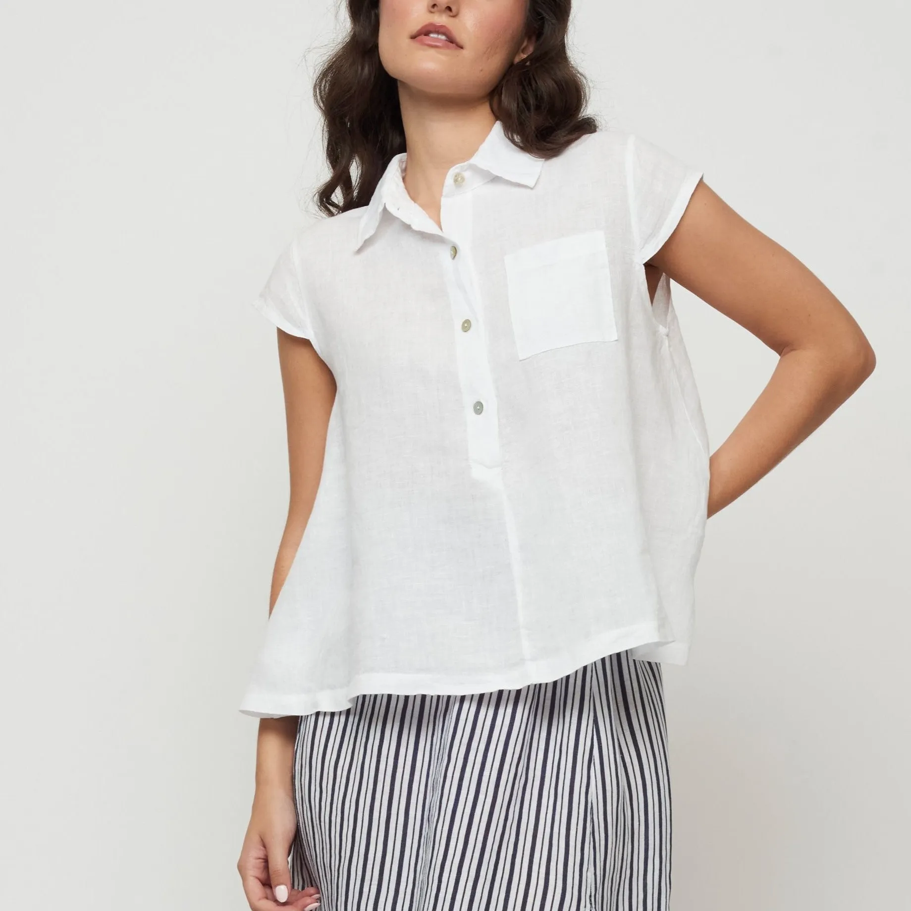 Cap Sleeve Linen Blouse - White (Only S Left)