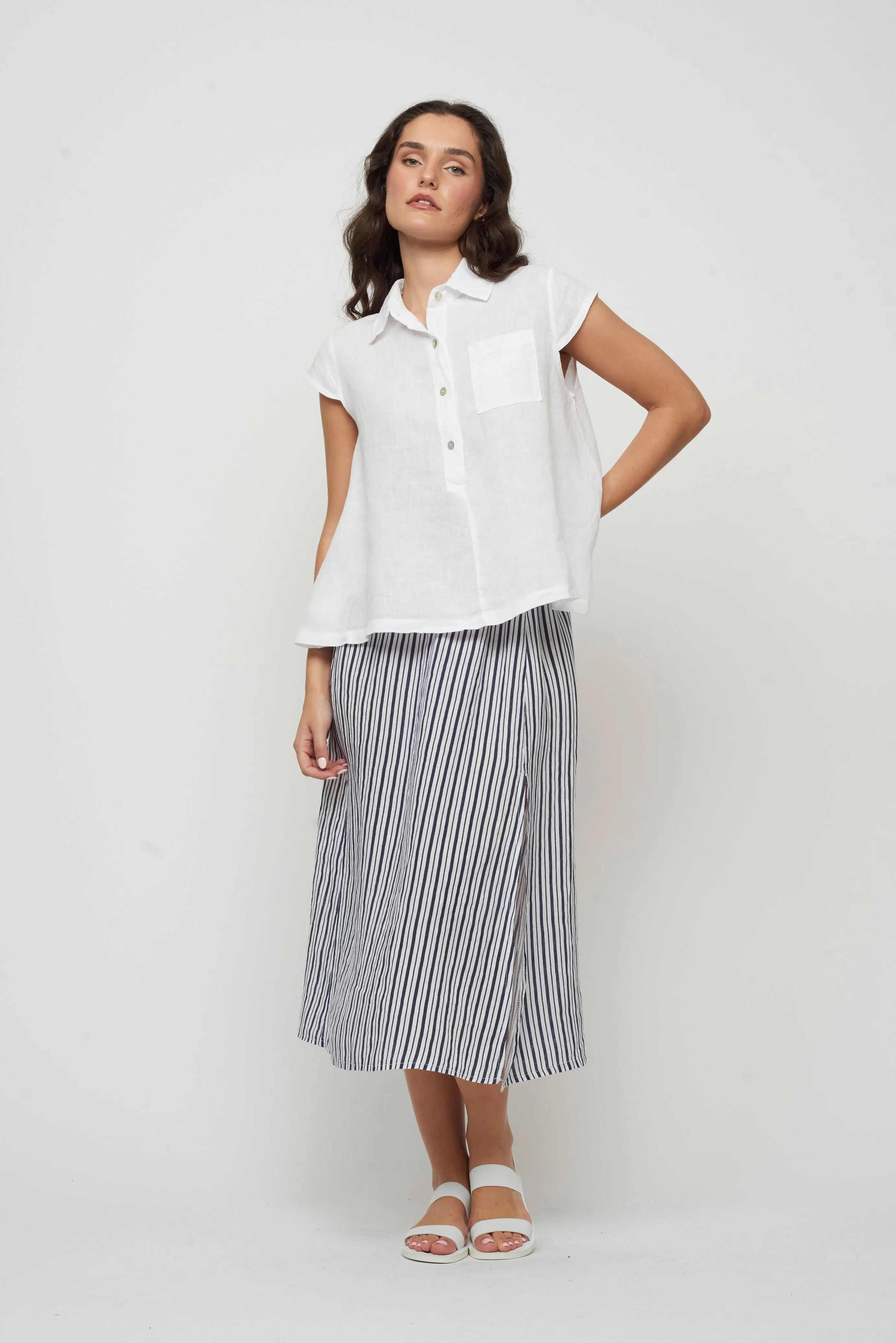 Cap Sleeve Linen Blouse - White (Only S Left)