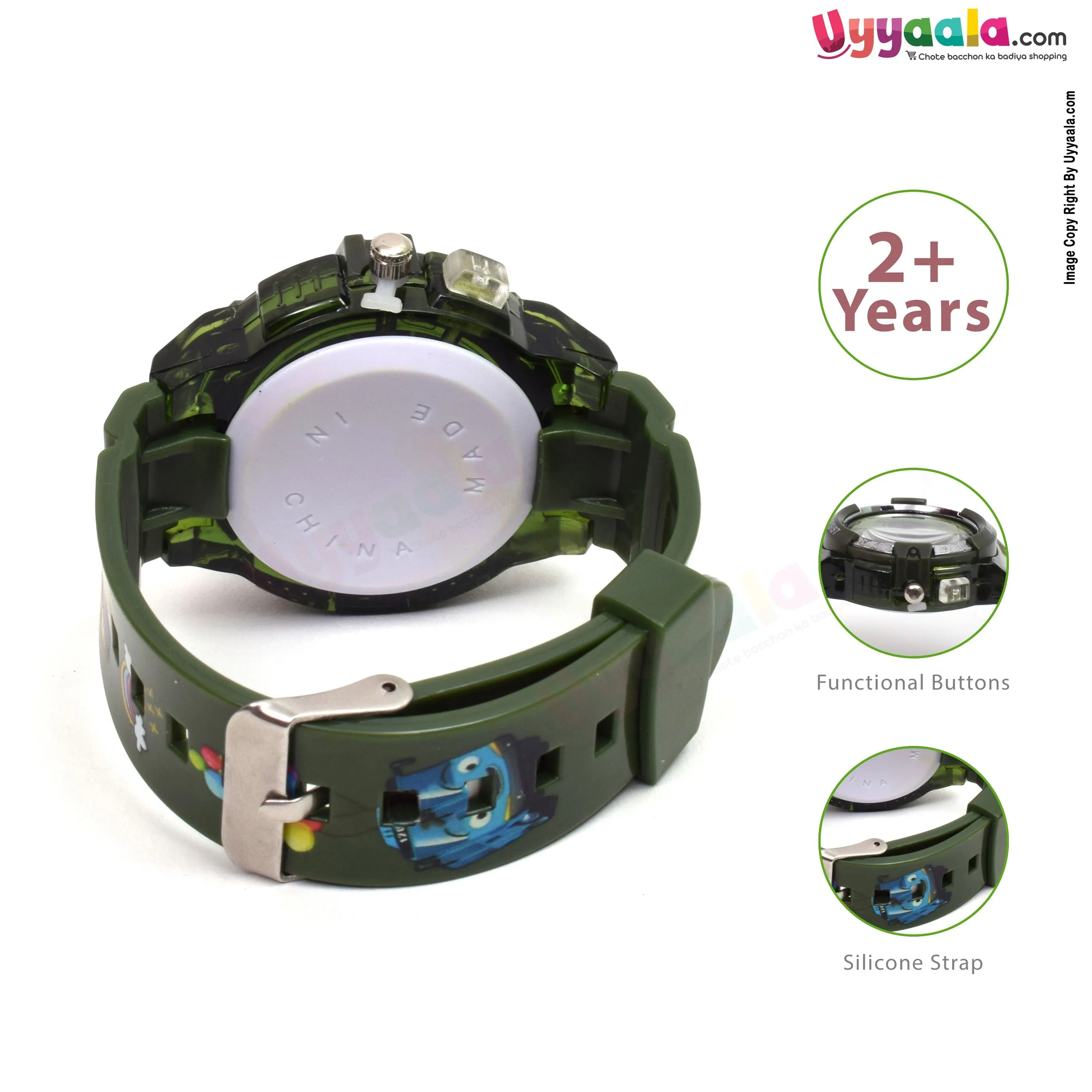 Cartoon analog watch for kids - green strap with cartoon print, 2   years