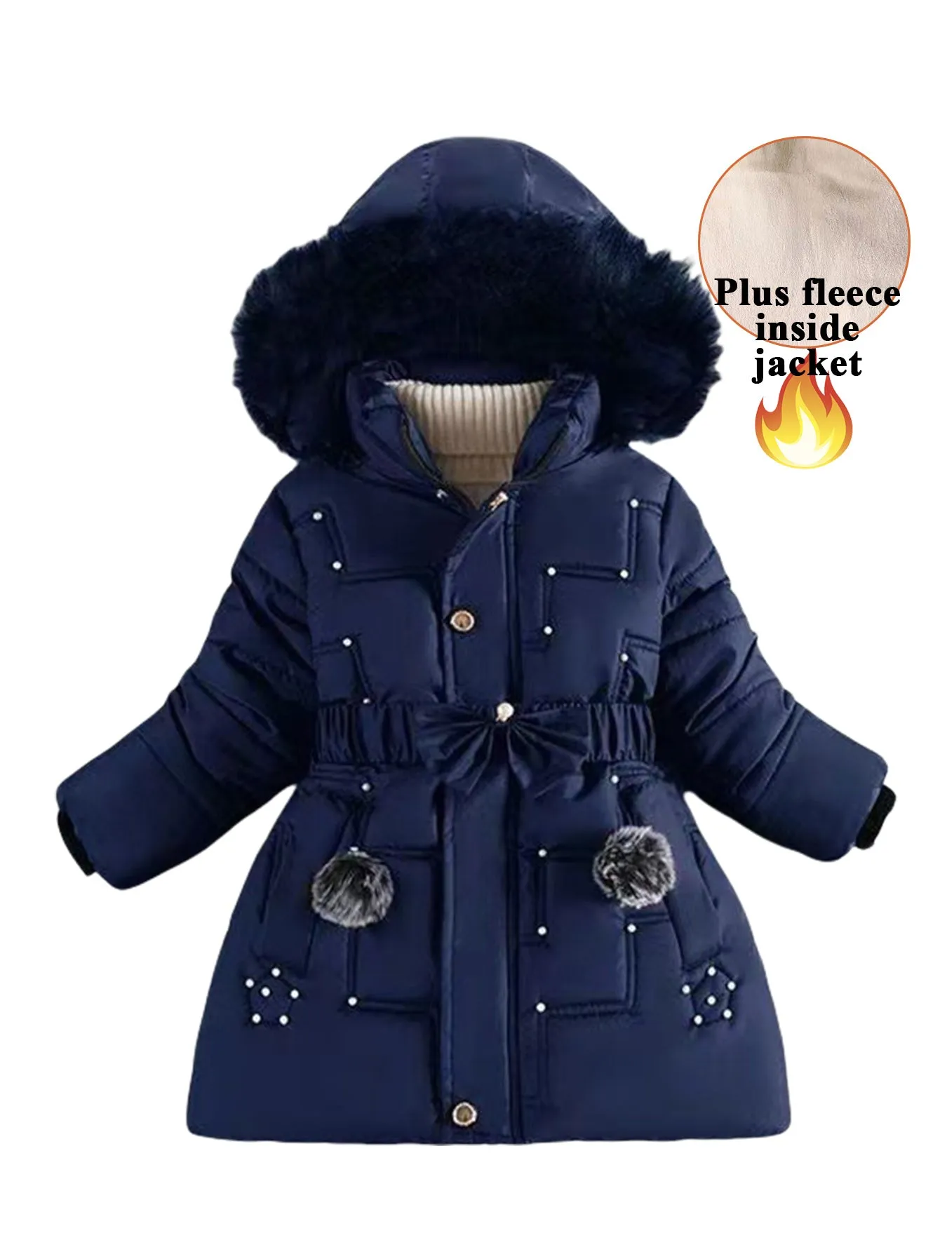 Girls Pearl Bow Hooded Cotton Jacket