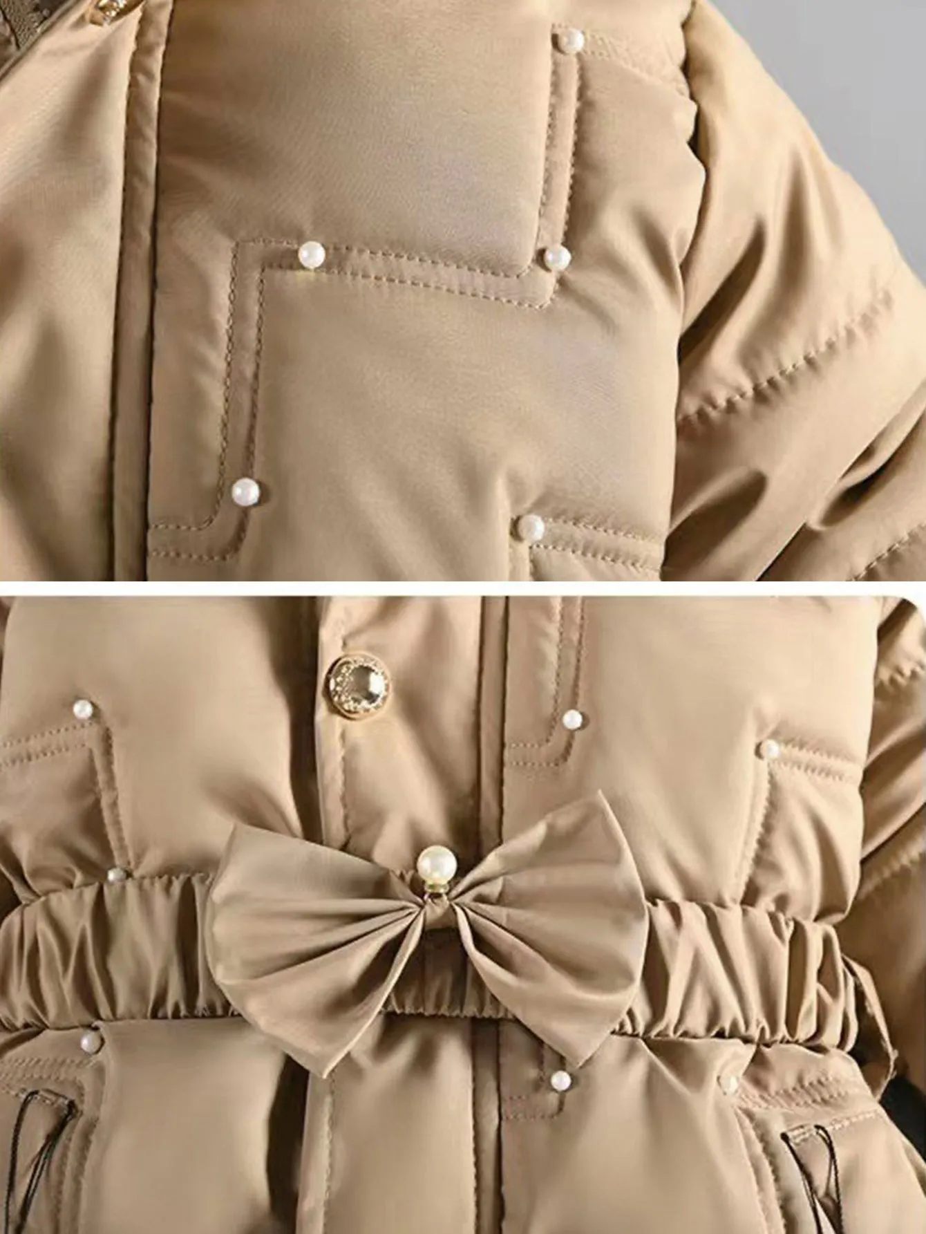 Girls Pearl Bow Hooded Cotton Jacket