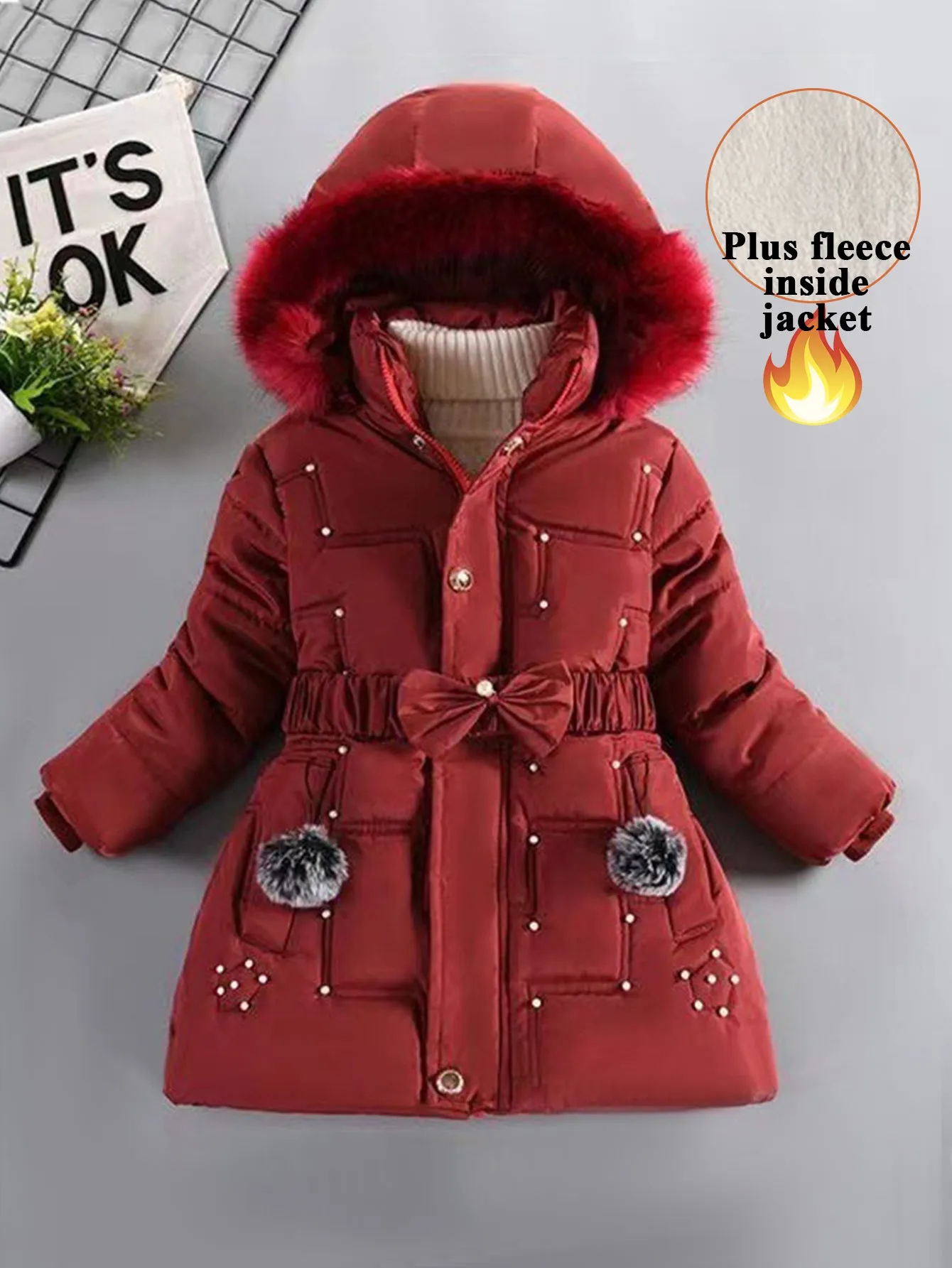 Girls Pearl Bow Hooded Cotton Jacket