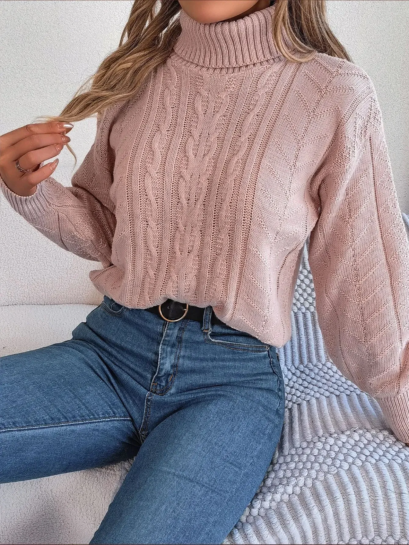 Loose High Collar Twist Long Sleeve Knitted Pullover Sweater