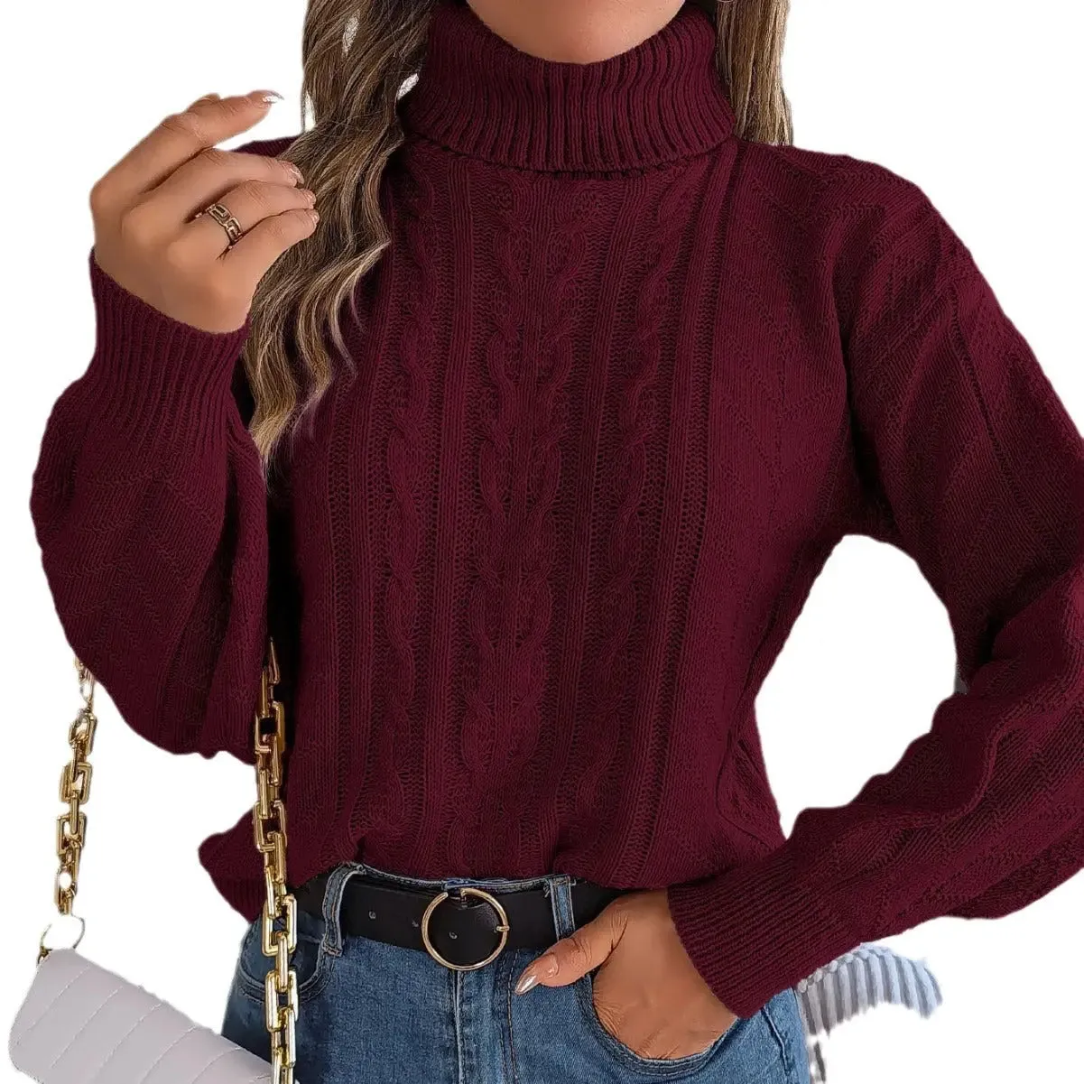 Loose High Collar Twist Long Sleeve Knitted Pullover Sweater