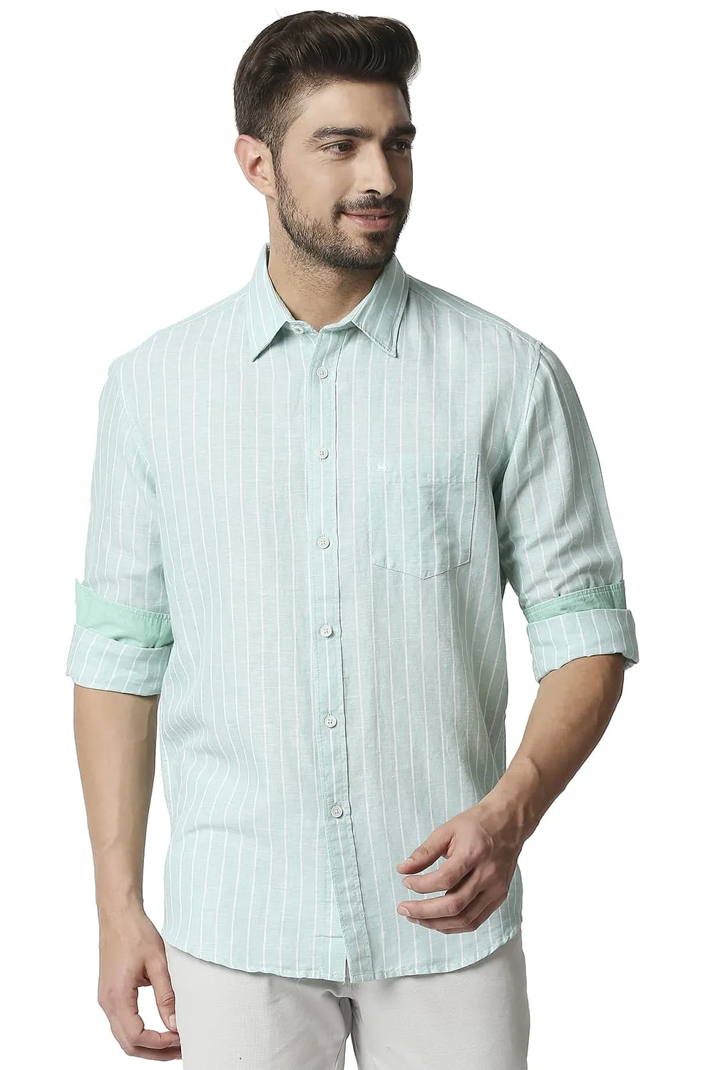 Slim Fit Cotton Linen Stripe Shirt