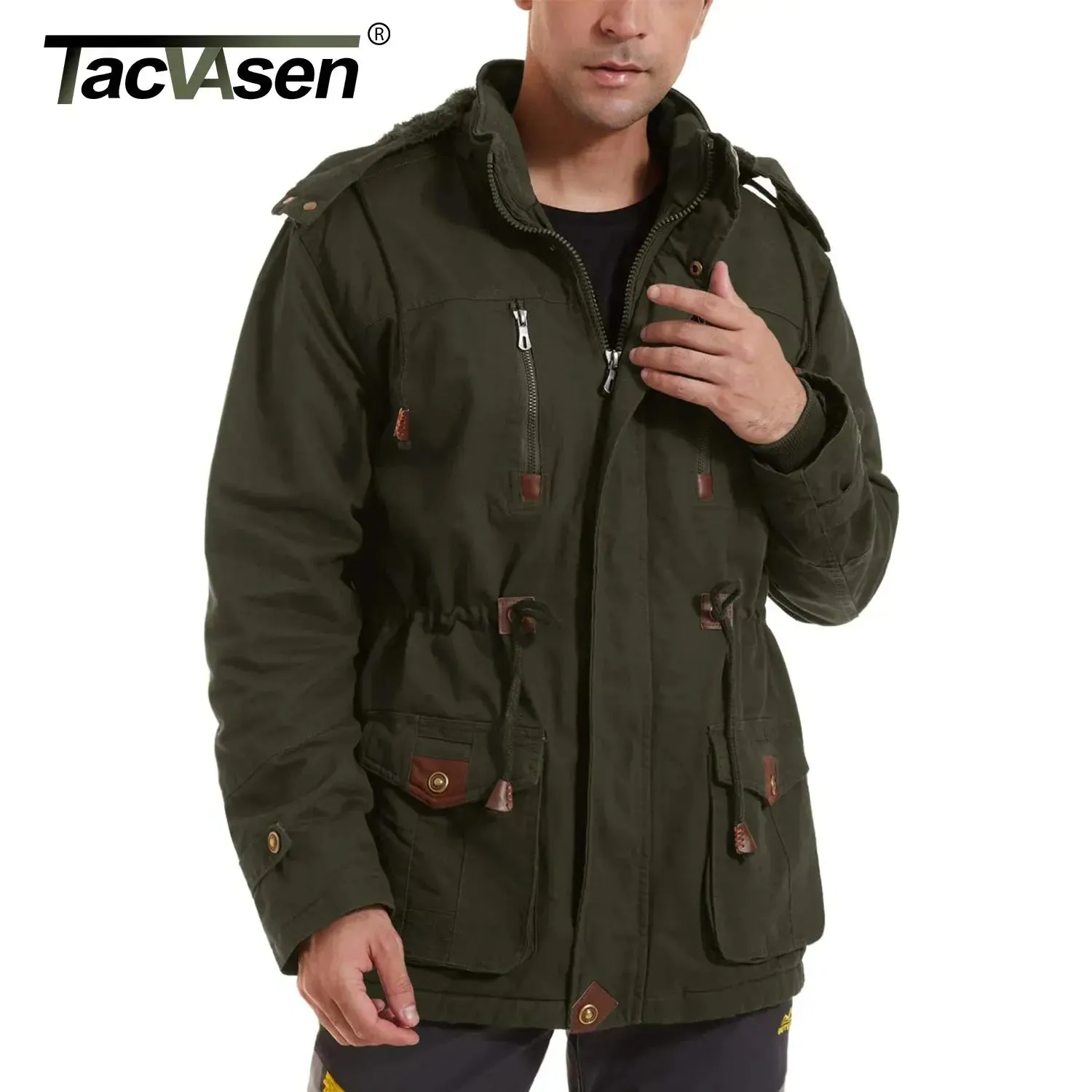 TACVASEN Thicken Fleece Lined Coats Men's Hiking Hooded Jacket Winter Warm Coat Outdoor Cargo Outwear Windbreaker Parka Man