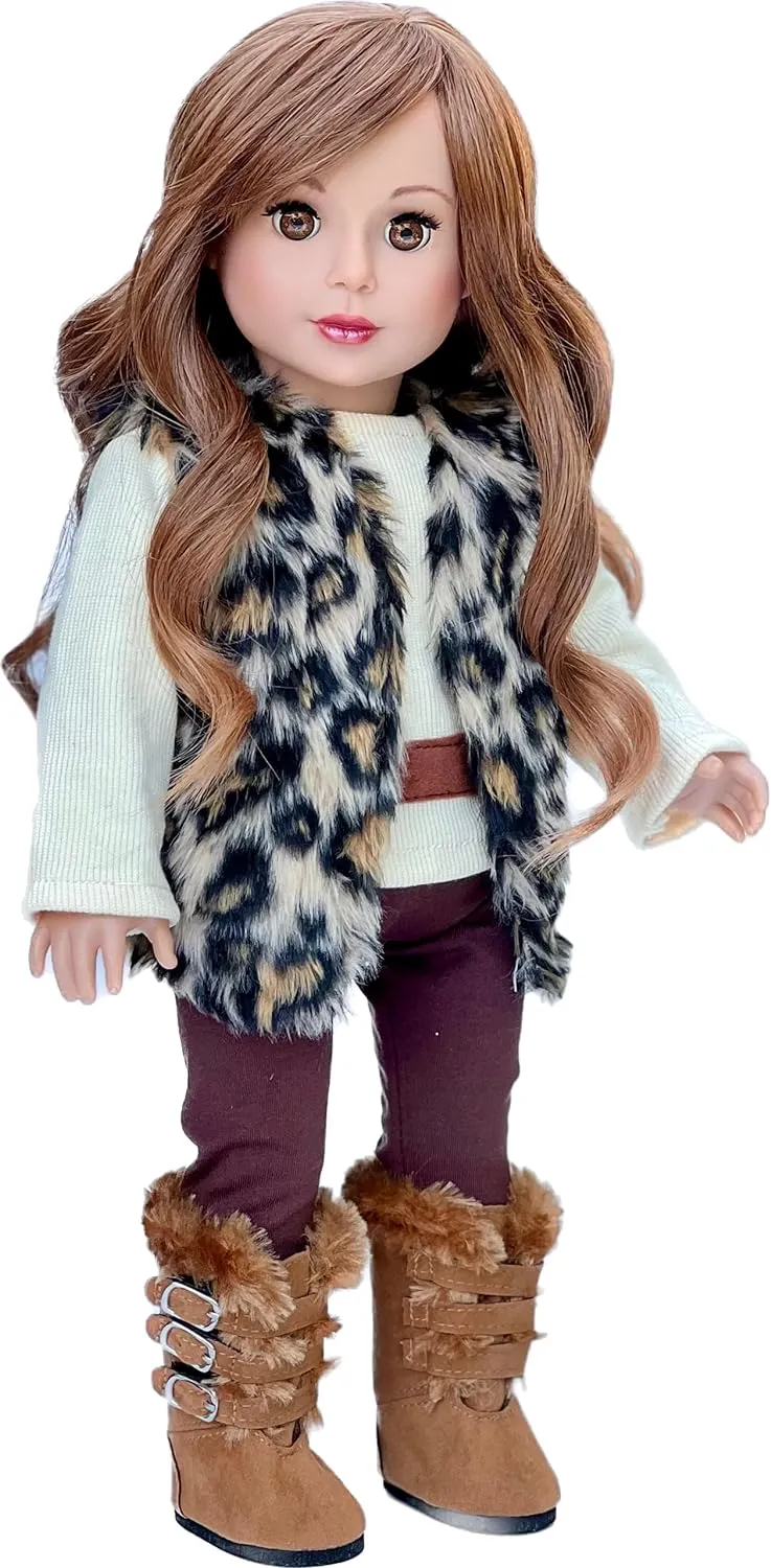 Wild Cat - Clothes for 18 inch Doll - Faux Fur Vest and Boots, Chocolate Pants and Ivory Blouse