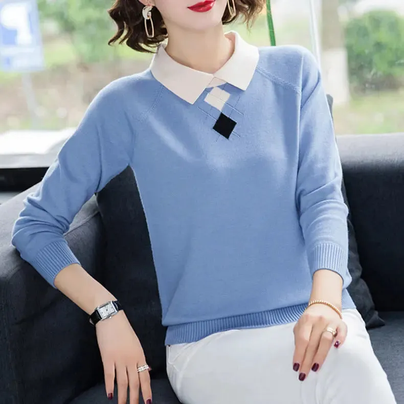 Winter Assorted Colours Lapel Knitwear Women Sweater