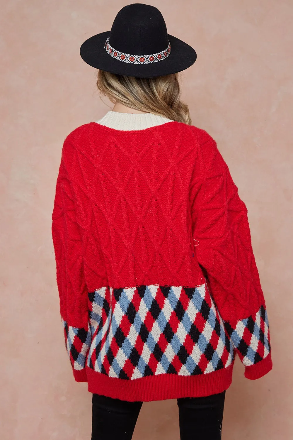 Women Oversized Cable Knit with Argyle Pattern Sweater cardigan